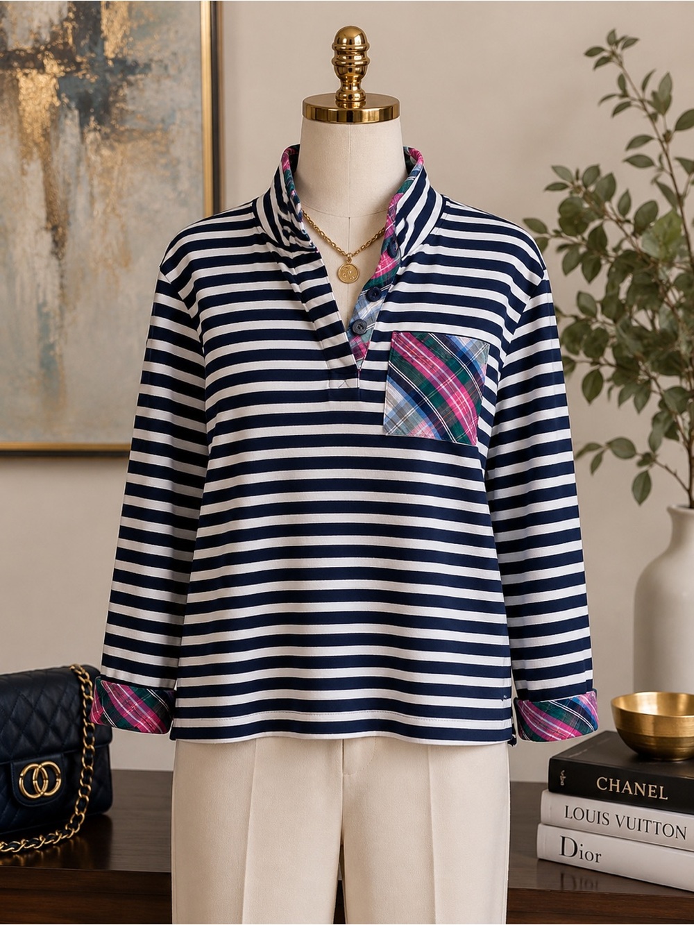 🌺 CROWN & IVY NAVY AND WHITE STRIPED TOP W QUARTER BUTTON NECK & COLLAR SZ M
